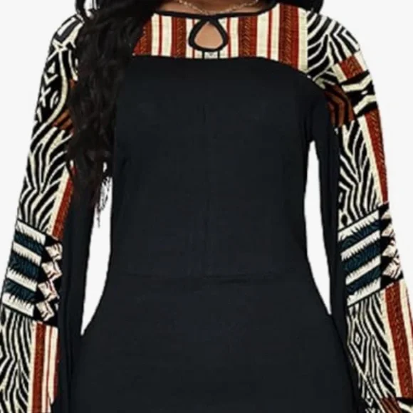 African Tribal Print Patchwork Midi Dress | Color: Black/Red | Size: XL | Oadesida's Closet